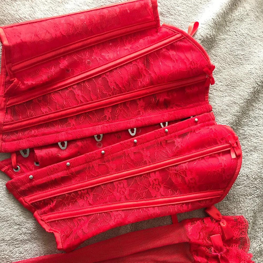 (Stockings not included) Red sheer lace Santa corset set small